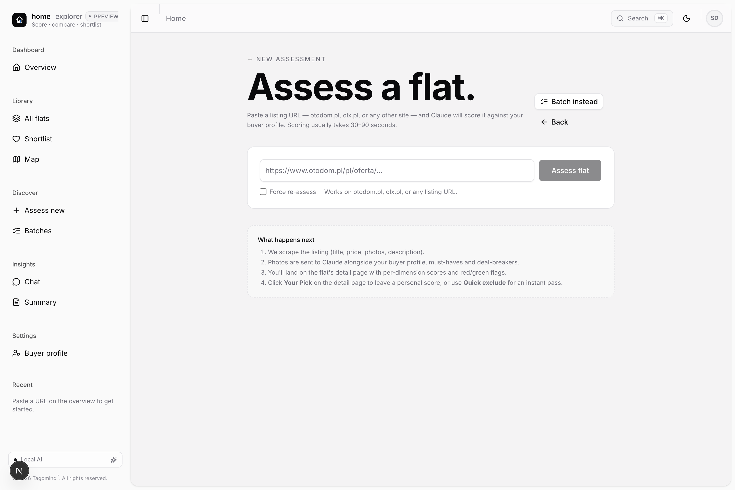 Assess screen — Paste a URL, get a verdict