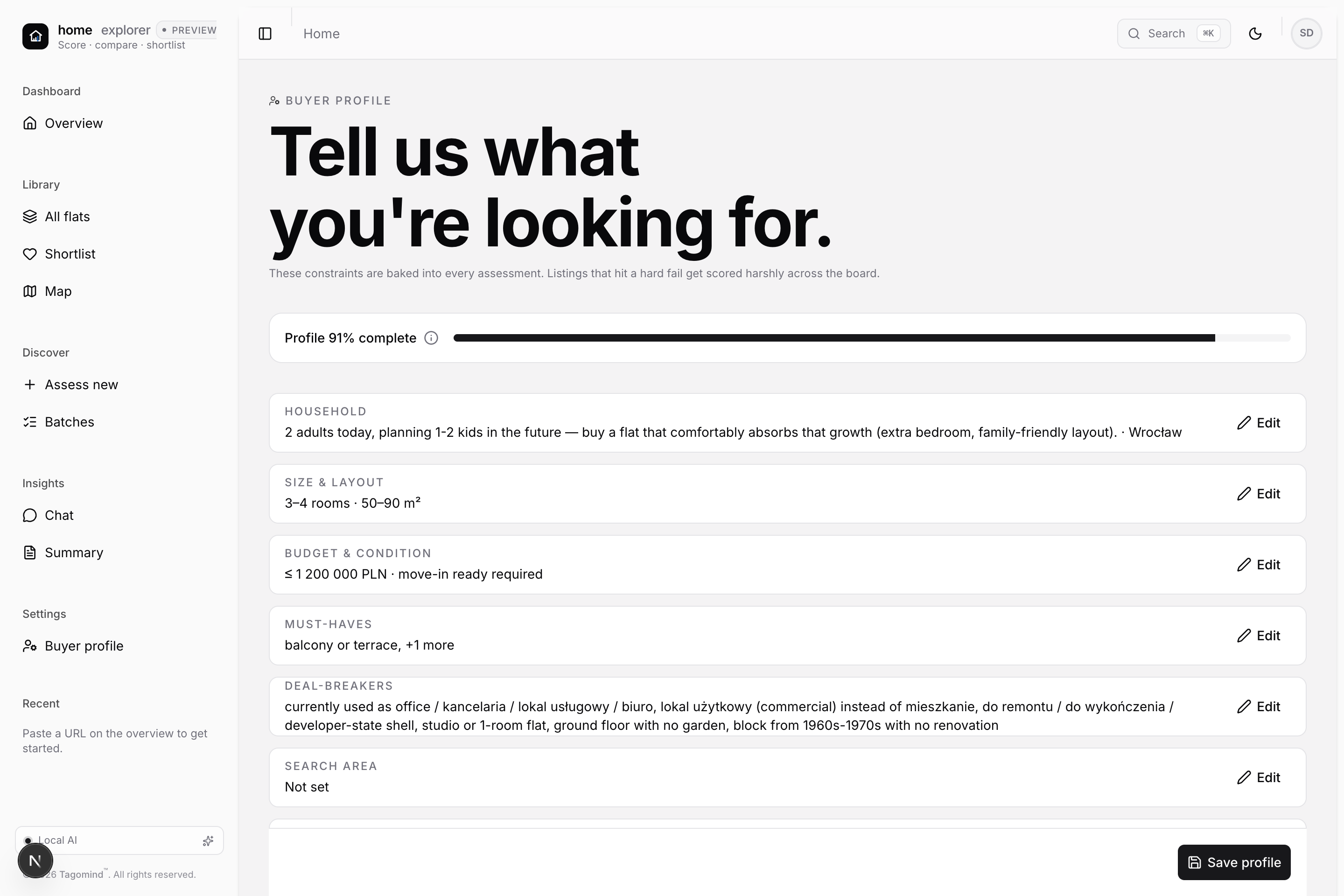 Profile screen — Tell us what you're looking for